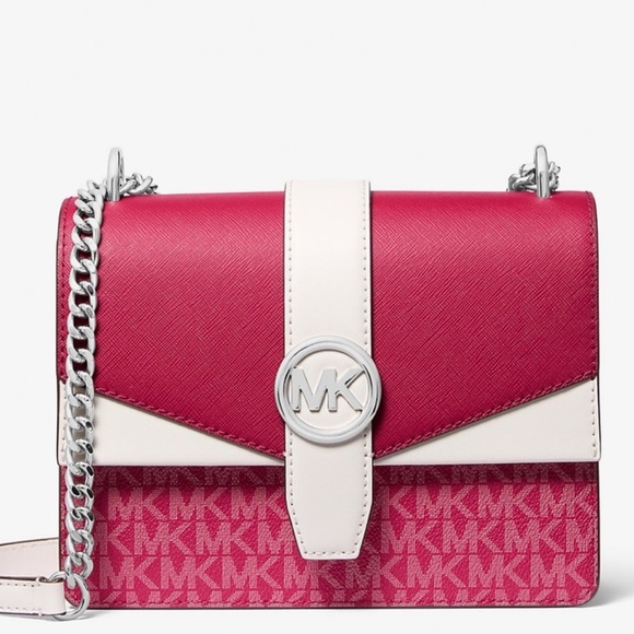 Michael Kors Greenwich Small Color-Block Signature Crossbody Bag Dark Raspberry - Picture 1 of 9